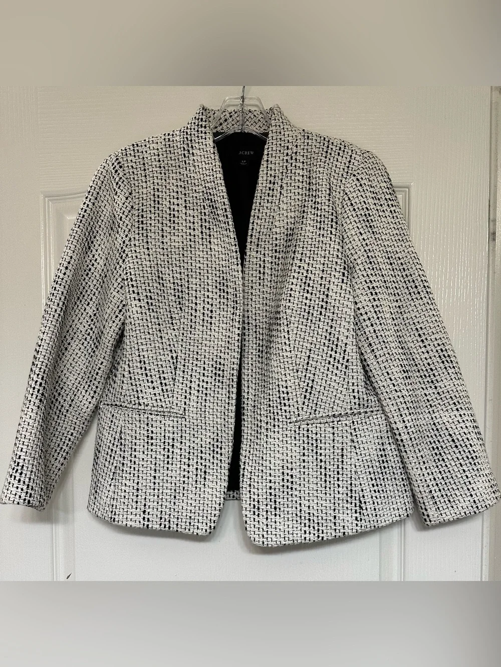 J.Crew Tweed Open Front Blazer Black White Collarless Jacket LP